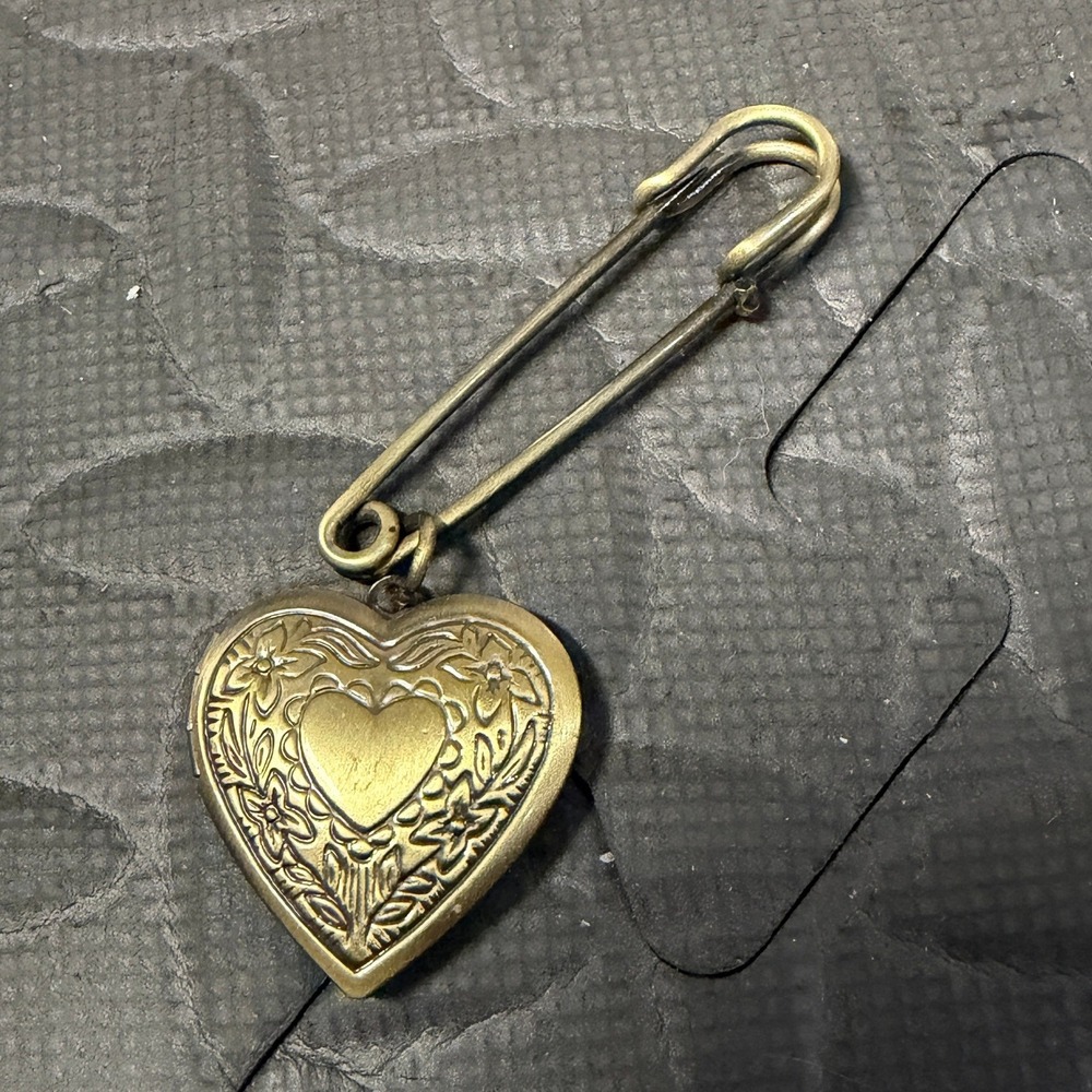 Heart Locket Brooch Floral Etched Safety Pin vintage Charm valentine brass tone